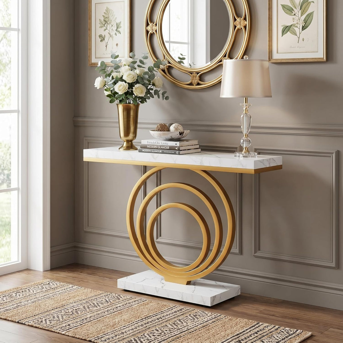41-Inch Gold Entryway Table, Modern Console Table Narrow Long, Contemporary Accent Table , Entrance, Faux Marble