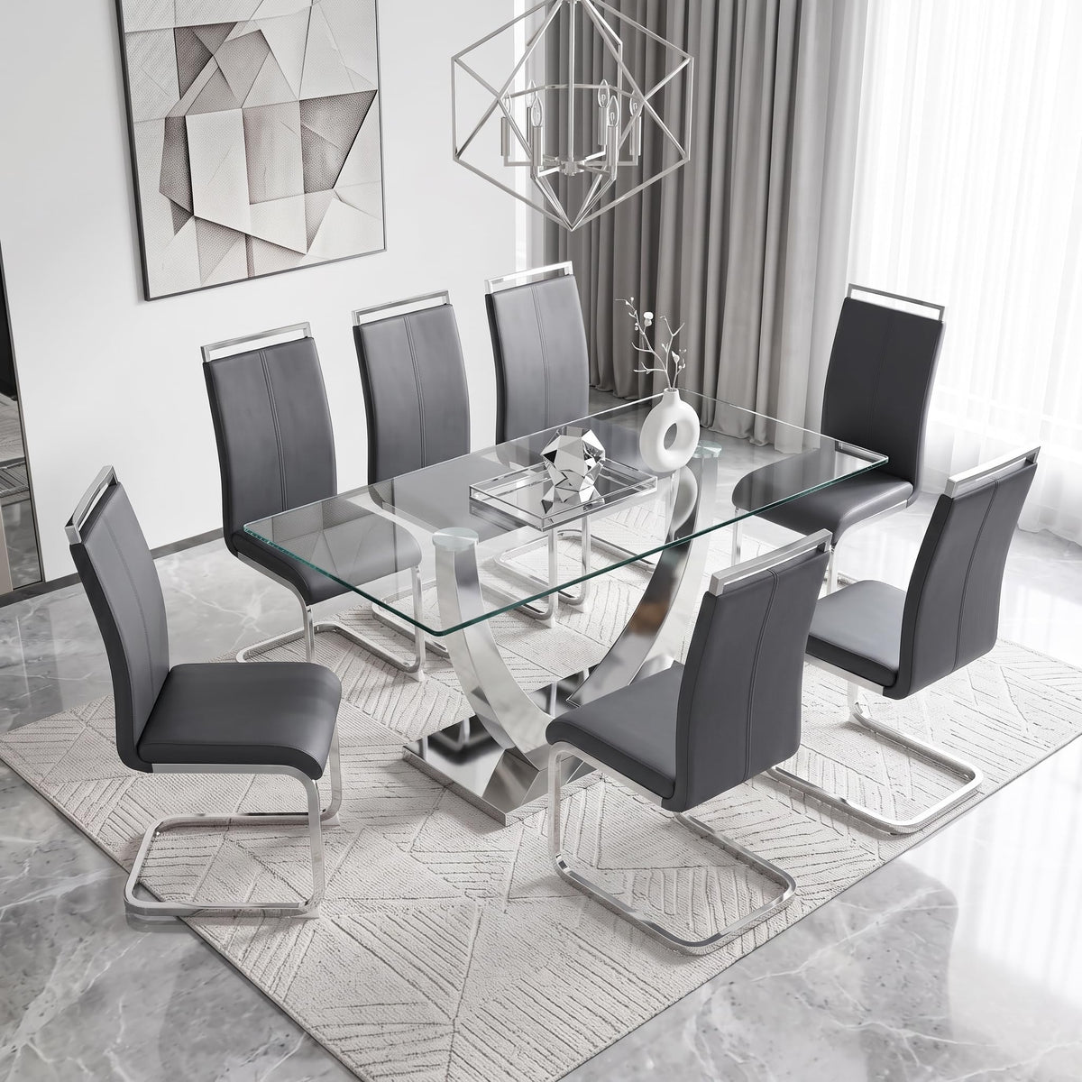 Glass Dining Table Set for 6, 71" Modern Dining Table Set for 6