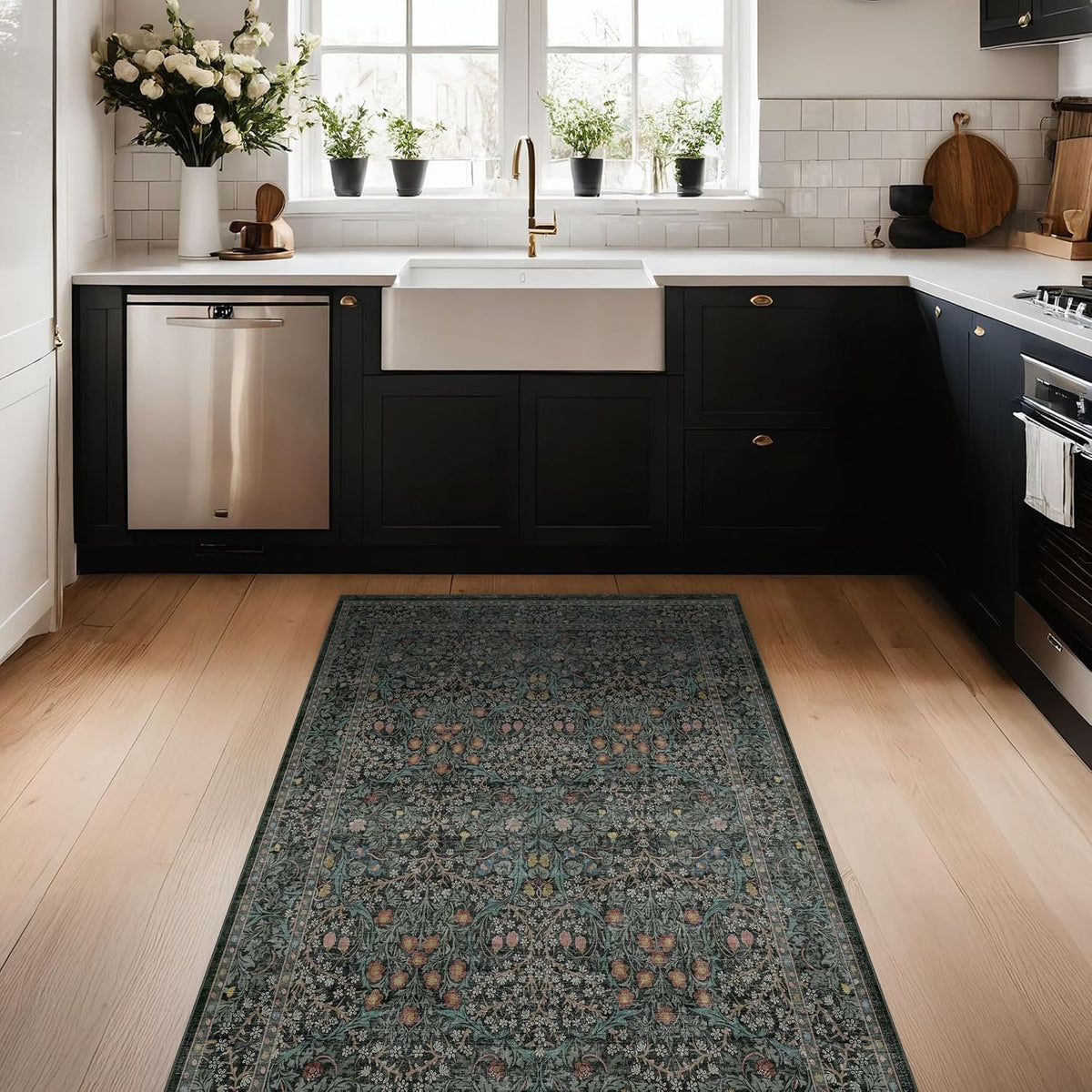 Vintage Floral Dark Green Area Rugs Beside Rug, Laundry Room, Non-Slip Low Pile Ultra Soft Stain Resistant Small