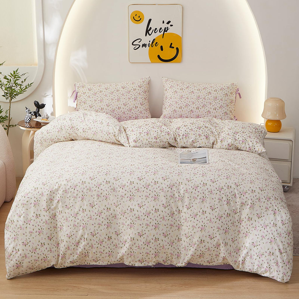 Farmhouse Boho Comforter Set Queen Floral with 2 Bowknot Bow Tie Pillowcases, Soft Cotton Fluffy Queen Comforter Bed