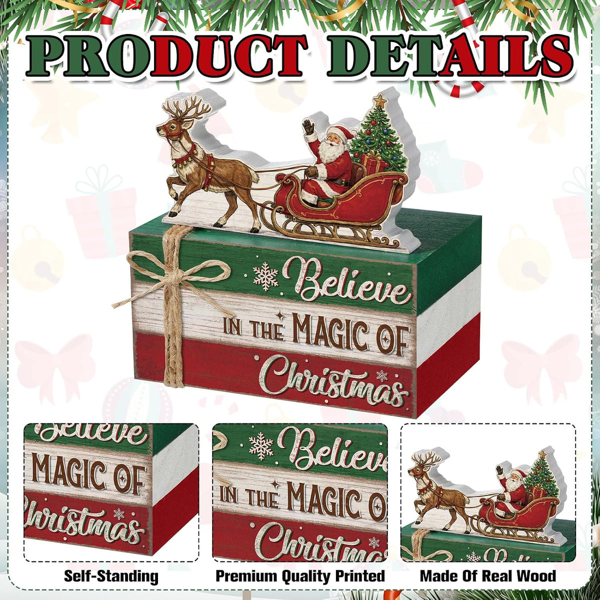 4 Pcs Christmas Santa Sleigh Table Decoration Wooden Book Stack Sign