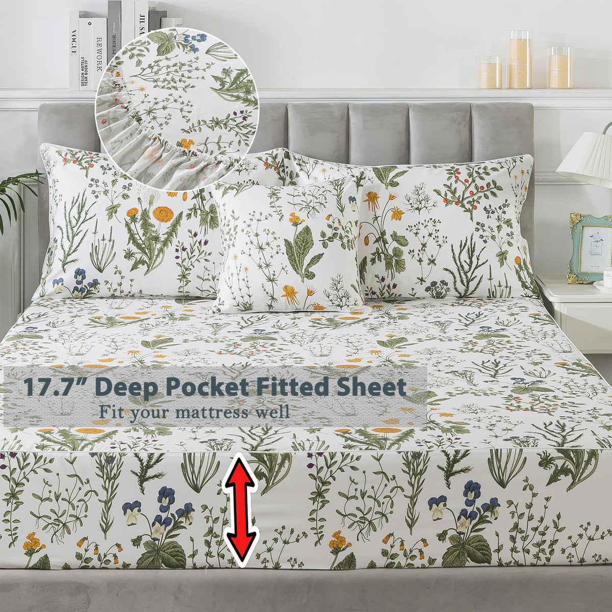 100% Percale Cotton Sheets Full Botanical Printed Floral Sheets Yellow Flowers & Leaves Pattern Farmhouse Bedding