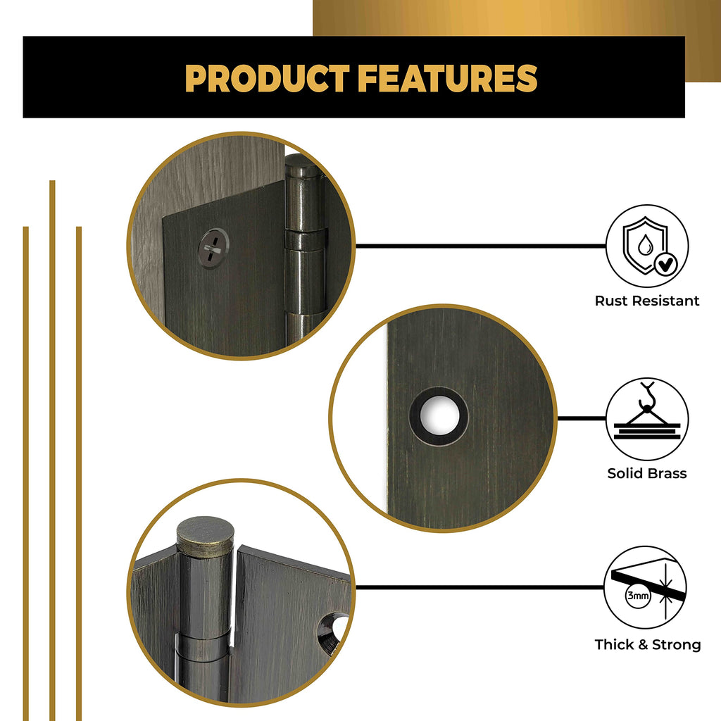 Solid Brass Door Hinge Heavy Duty Ball Bearing 3.5 x 3.5 Inch with Decorative Screw-on Tips Included - Set of 2