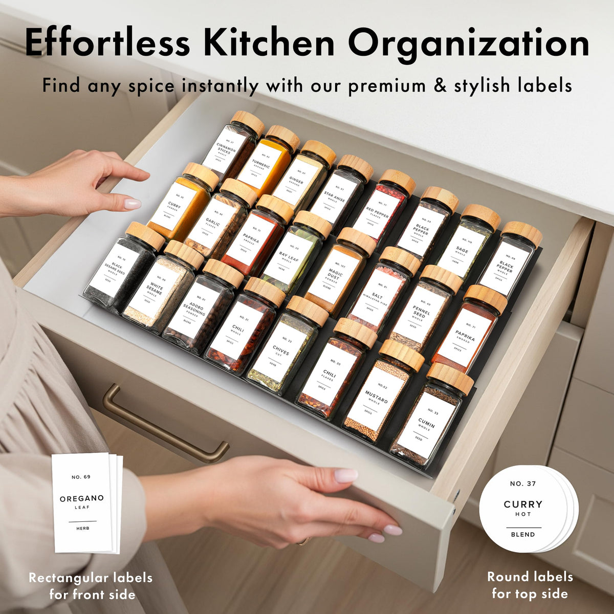 Glass Spice Jars with Label, 24x Bamboo Wooden Lids - White Labels