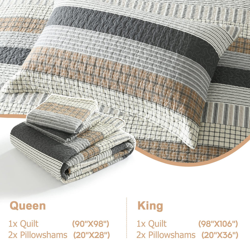 100% Cotton Modern Farmhouse Quilt Set, Neutral, Gray