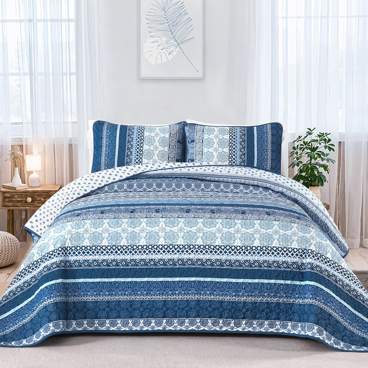 Boho Quilt Set, 3 Pcs Navy Blue Bedspread Covrtlet Set