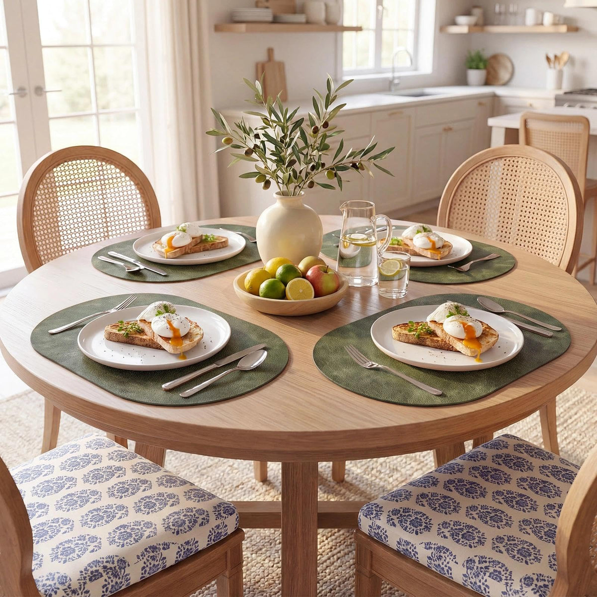 Vinyl Faux Leather Oval Placemats, Set of 4, Olive Green
