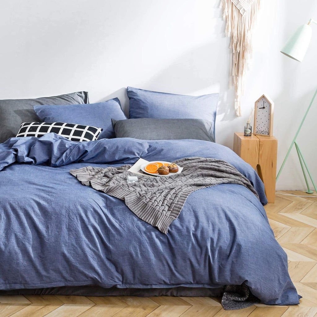 Denim Blue Duvet Cover 100% Washed Cotton 3 Pcs Set 1 Shabby Chic Farmhouse Duvet Cover with Zipper Ties 2