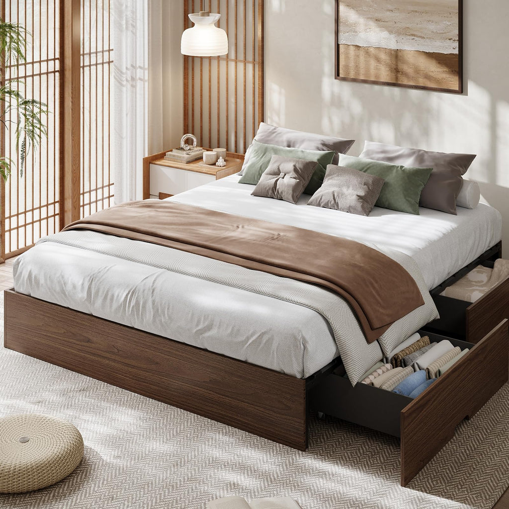 Wood Platform Bed Frame, Queen Bed Frame with 2 Drawers
