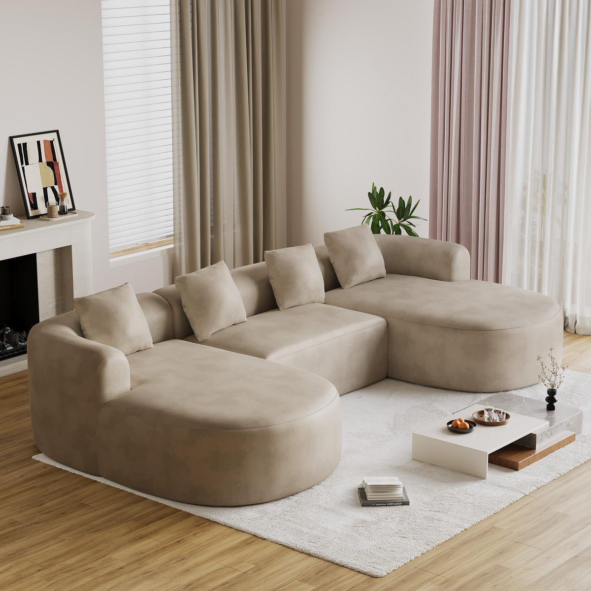 136"Oversized Luxury Modern Tight Sofa, Curved Back, Light Brown