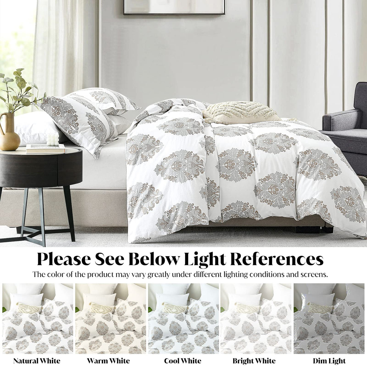 Damask Duvet Cover Set Queen Size, White Gray Paisley, 100% Cotton