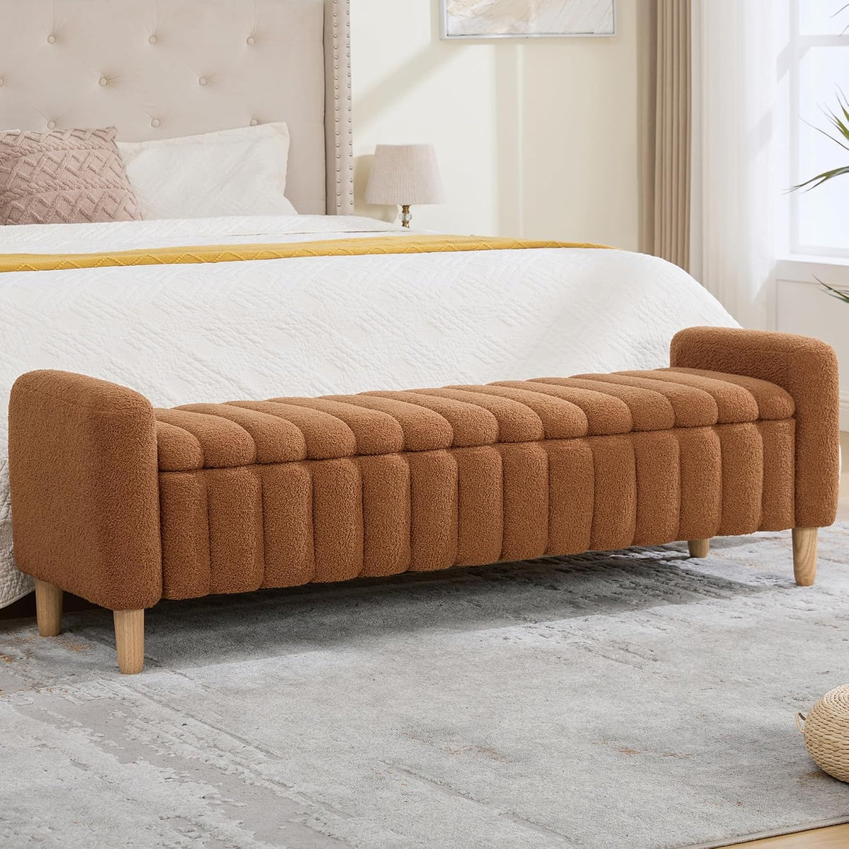 Teddy Caramel Ottoman Bench with Storage,63.4" Armed Long Storage Benches for Bed End King Size,Channel Tufted