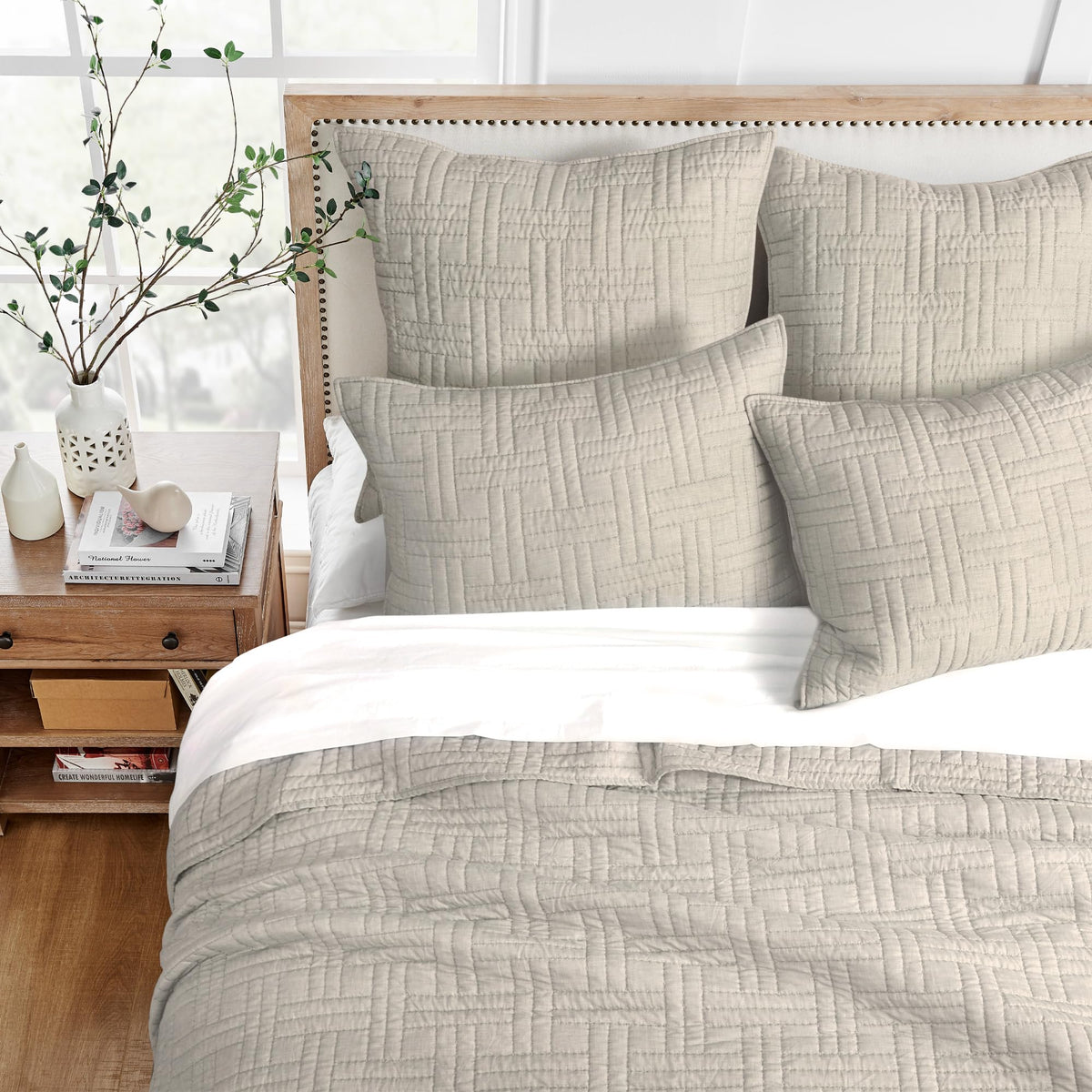 Melange Stitch Quilt Set - Quilt and One Standard Sham - Solid Stitched - Natural - Quilt (68x86in.) and Sham