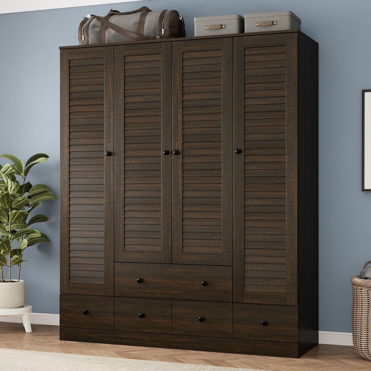 Almirah for Clothes, Tall Brown Bedroom Storage Wardrobe Closet Cabinet with Louvered Doors and Shelves, Large Wide