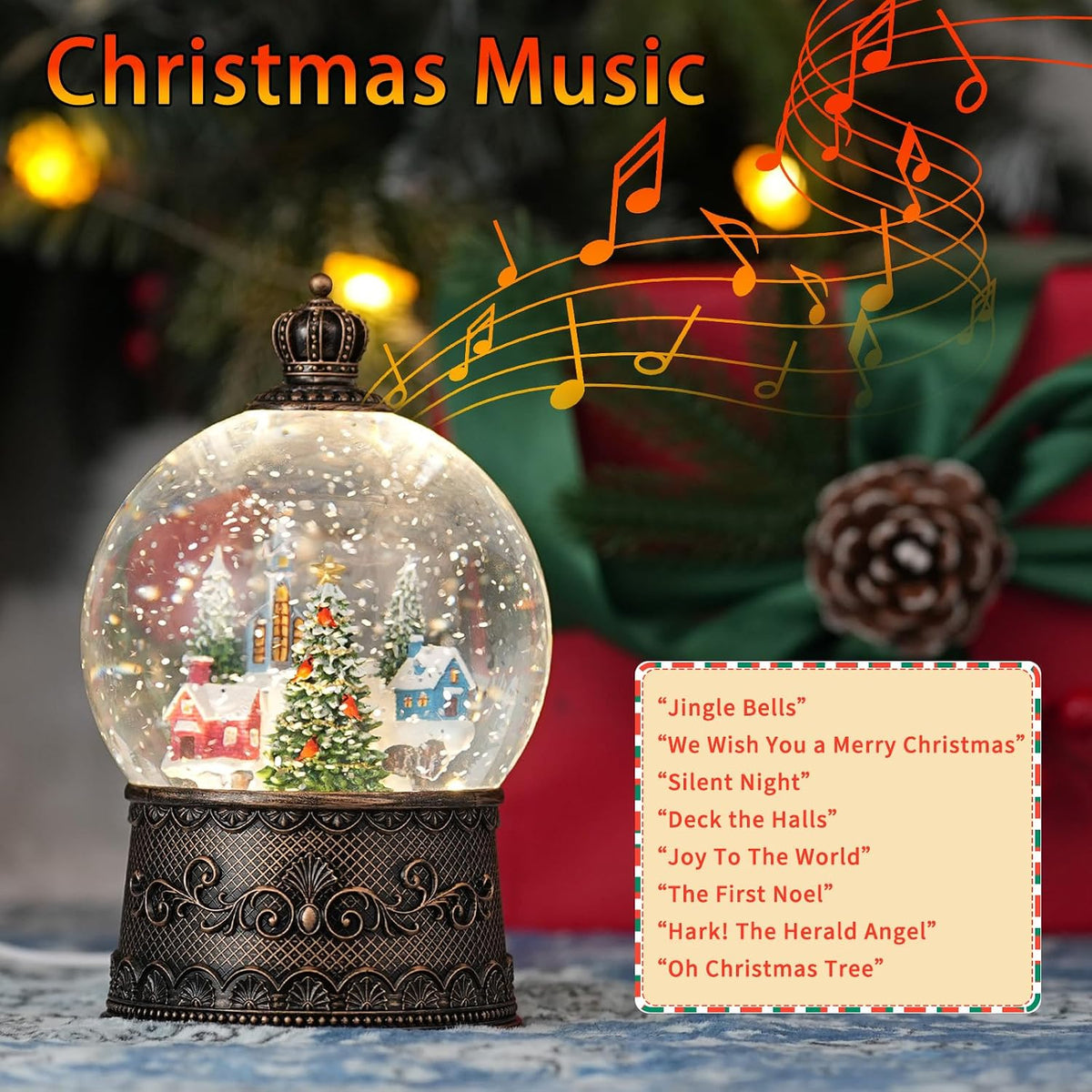 Snow Globe with Christmas Tree & Village, Light Up Christmas Snow Globes with Music Timer - USB Plug or Battery