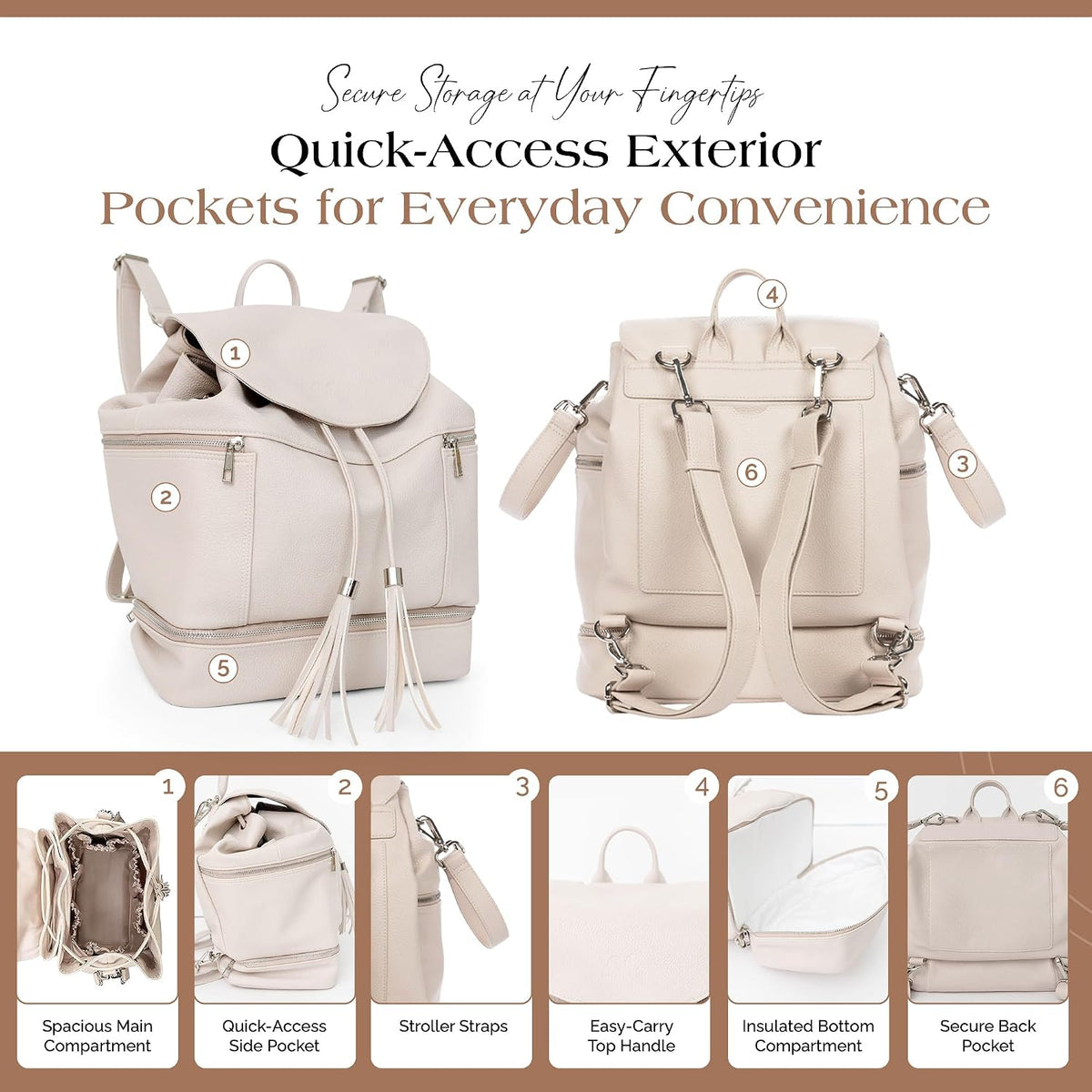 Collective Journey Pearl Vegan Leather Diaper Bag Backpack | Elegant, Multifunctional, Travel Diaper Bag