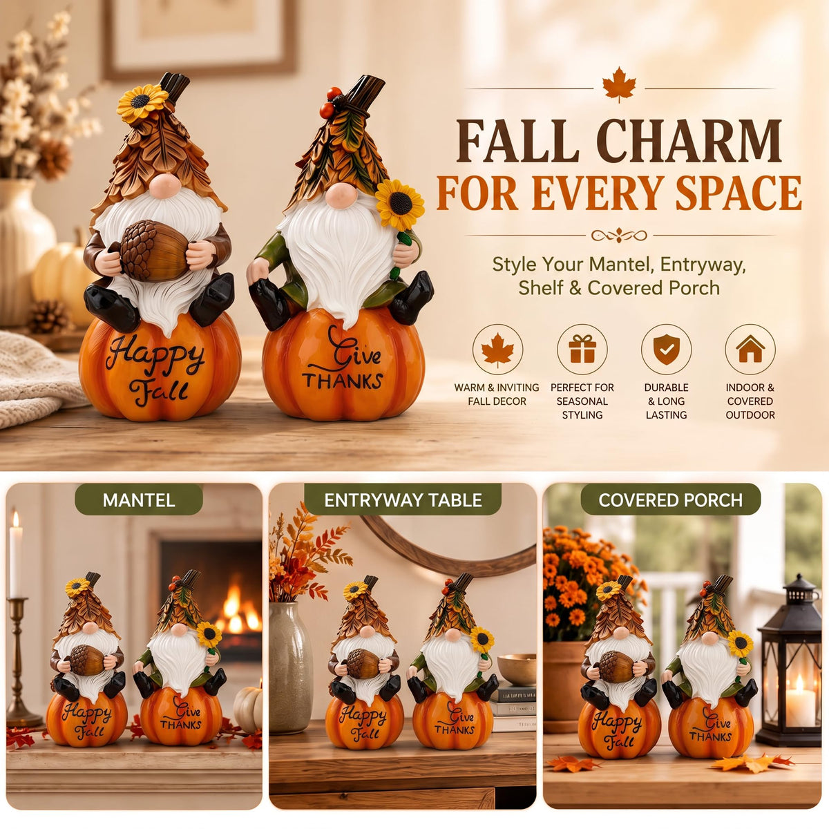 Fall Gnomes Figurines Set of 2, Pumpkin Thanksgiving Decor