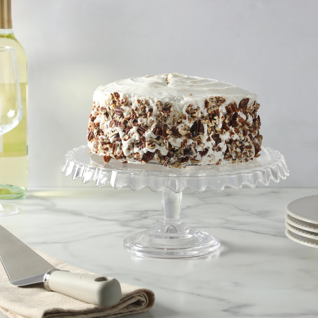 Watercrest Glass Cake Stand, 10.2 Inch Footed Pedestal Cake Plate with Scalloped Ruffled Edge, Clear Handmade