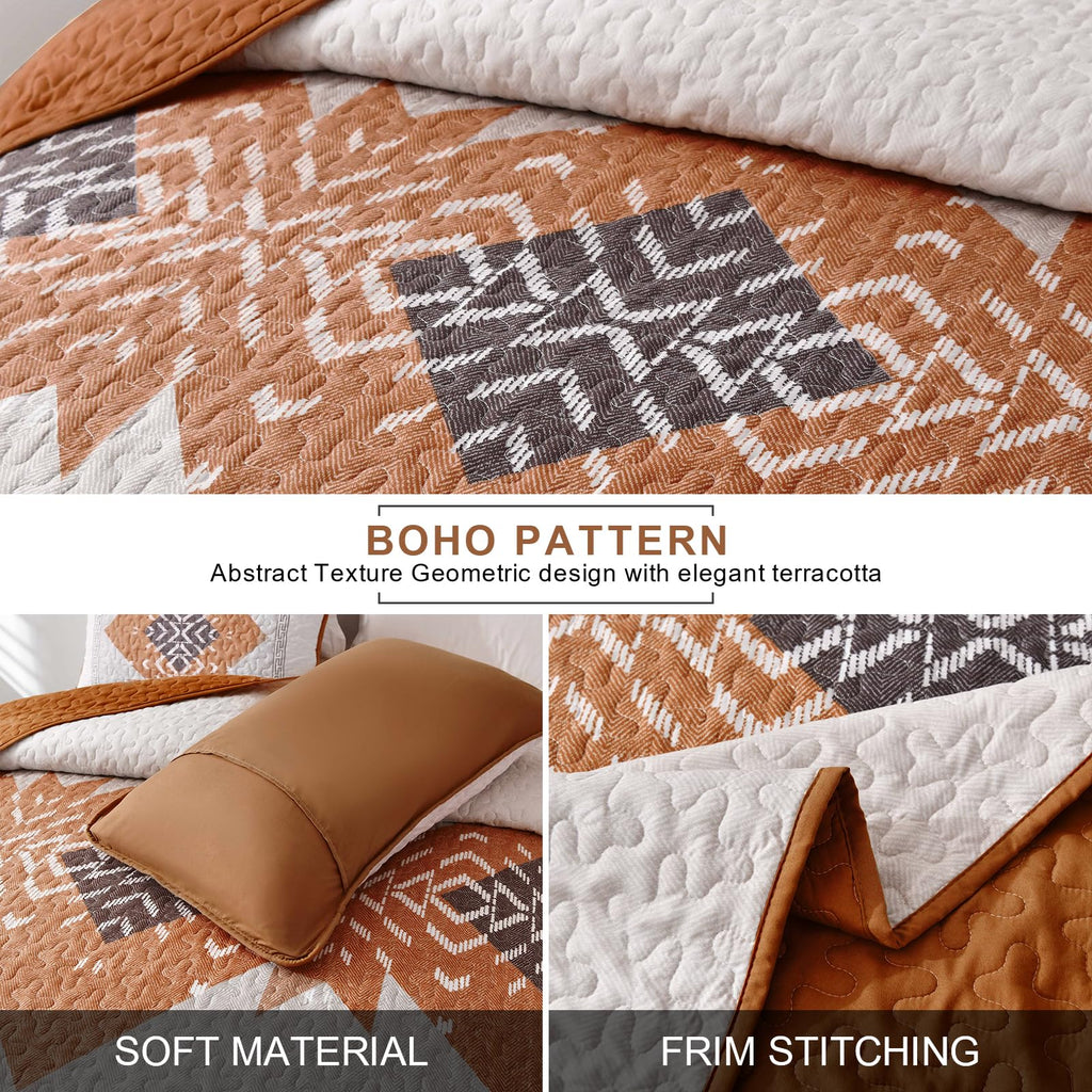 Boho Queen Quilt Set, Terracotta Aztec Reversible Bedspread
