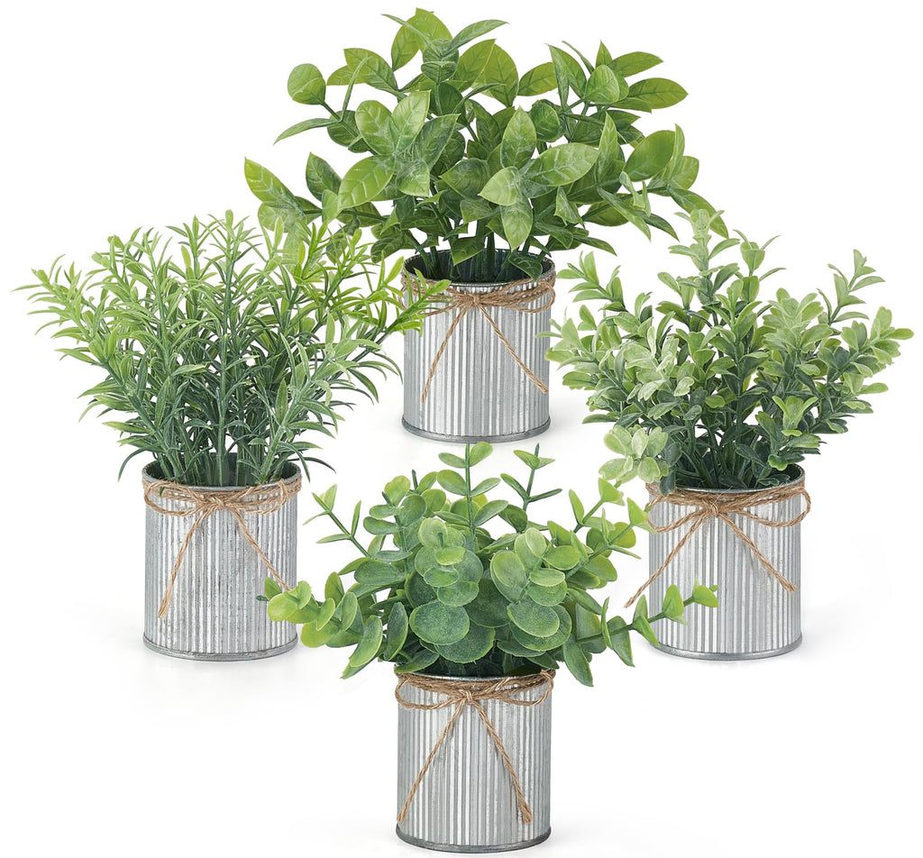 4 Packs Small Fake Plants in Galvanized Pots Rustic Farmhouse Decor