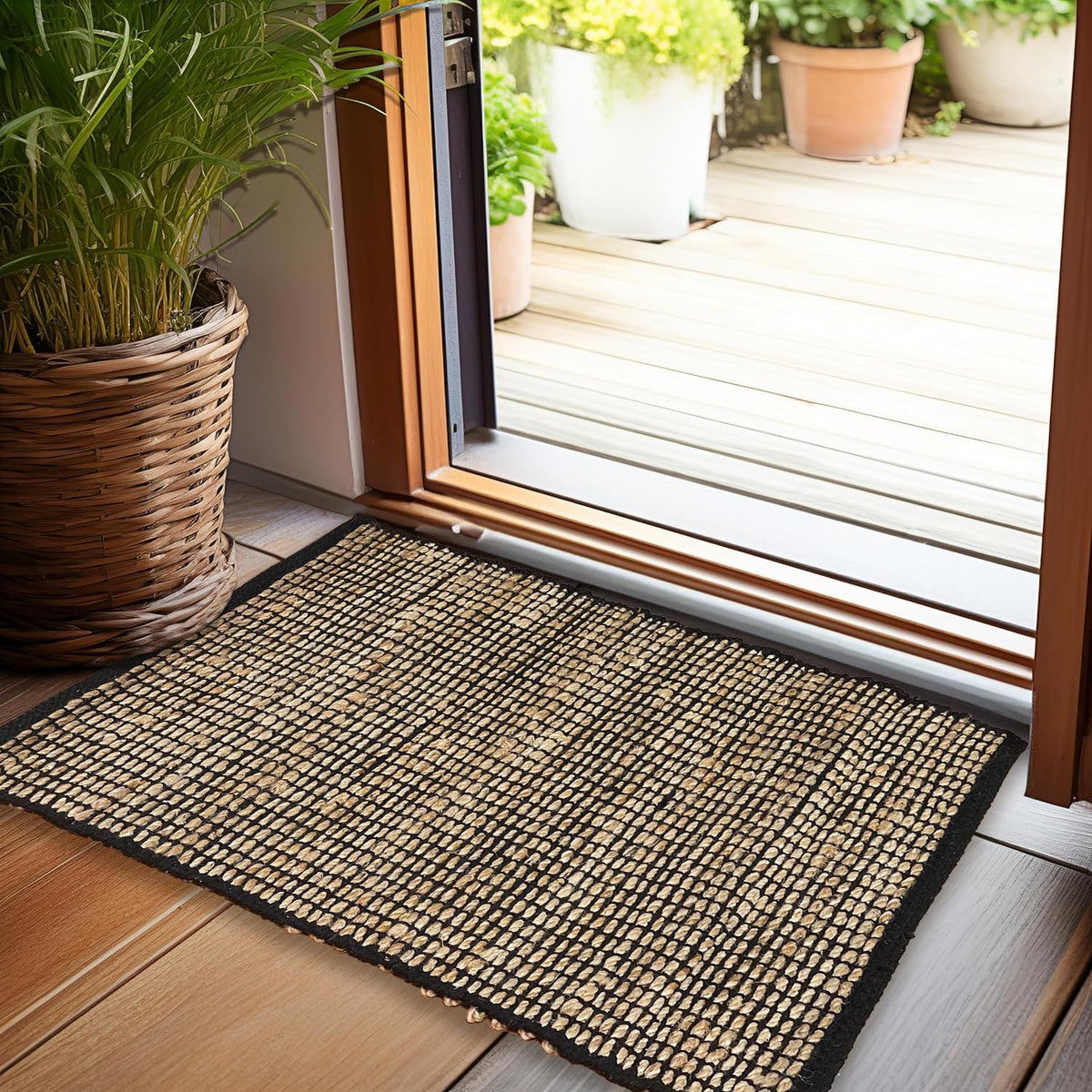 Jute Cotton Hand Woven Rug | Braided Doormat, Boho, Rustic, Natural Jute/Black | Farmhouse Vintage Area Rugs, and