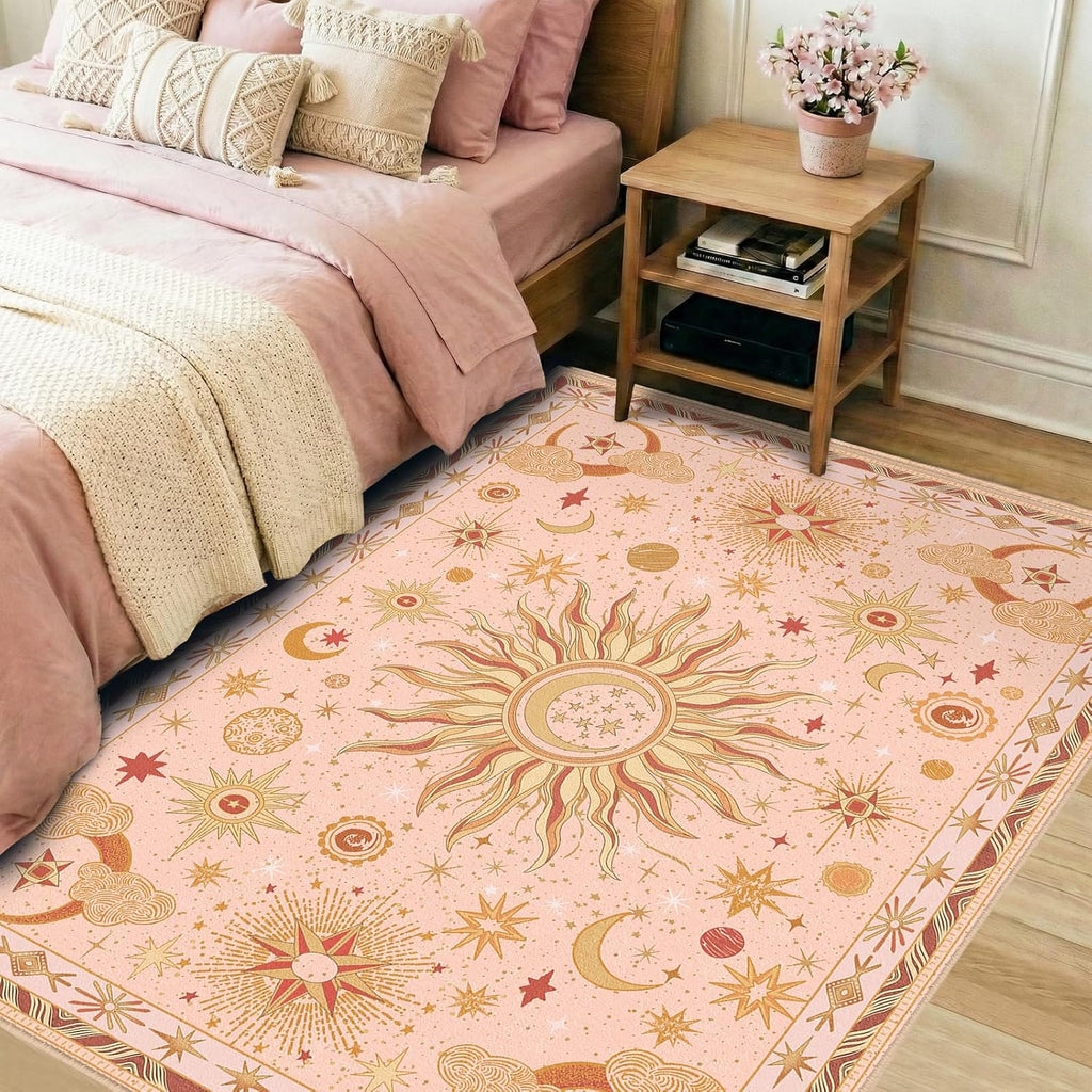 Area Rugs, Washable Vacuum-Friendly Non-Slip Rug Vintage Boho Gothic Sun and Moon Printed Pattern Low Pile Carpet