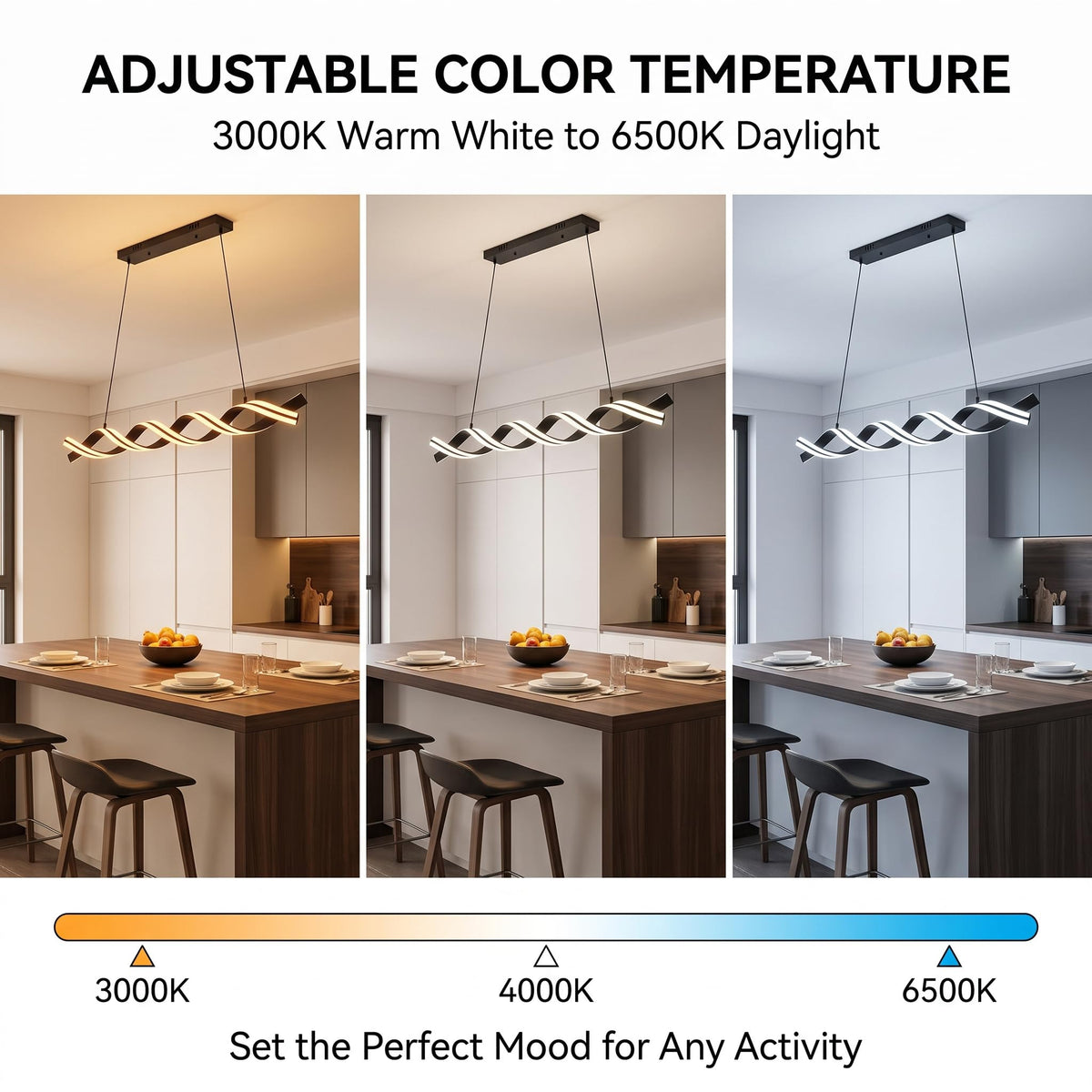 Modern LED Spiral Wave Chandelier, 45 Inch Smart Dimmable Hanging Pendant Light, 56W Linear Fixture Island, Black