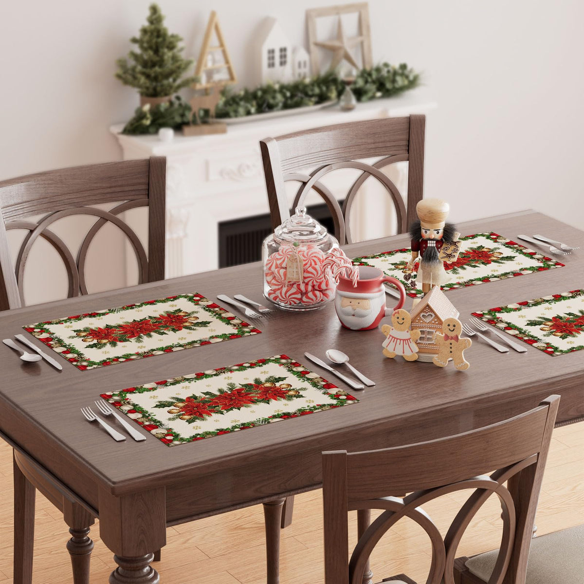 Christmas Poinsettias Leaves Bells Snowflakes Winter Xmas Placemats Set of 6 Table Mats for Party Home Kitchen Dining
