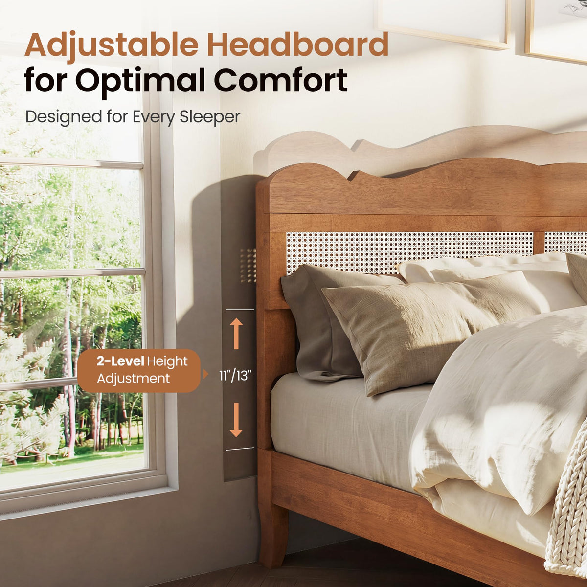 Solid Wood Full Size Bed Frame with Adjustable Headboard