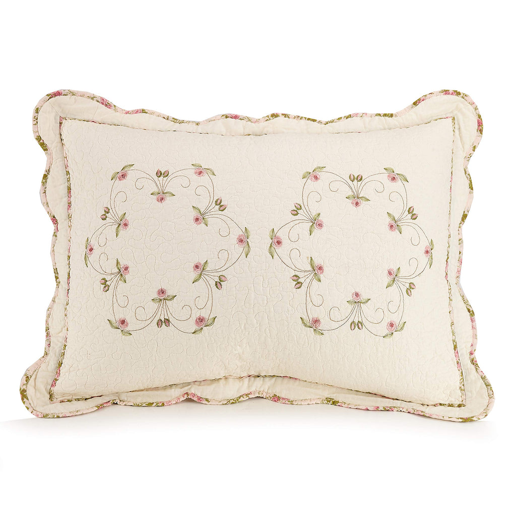 Felisa Embroidered Floral Quilt Set - 3 Piece Cotton Vintage Pink Ivory Scalloped Coverlet with 2