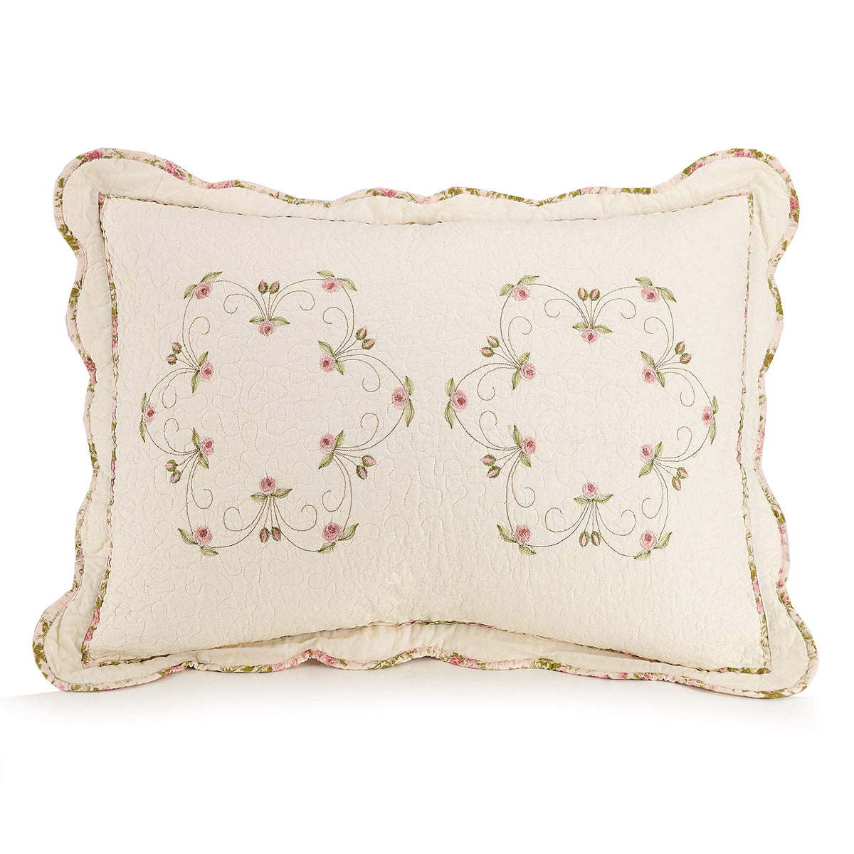 Felisa Embroidered Floral Quilt Set - 3 Piece Cotton Vintage Pink Ivory Scalloped Coverlet with 2