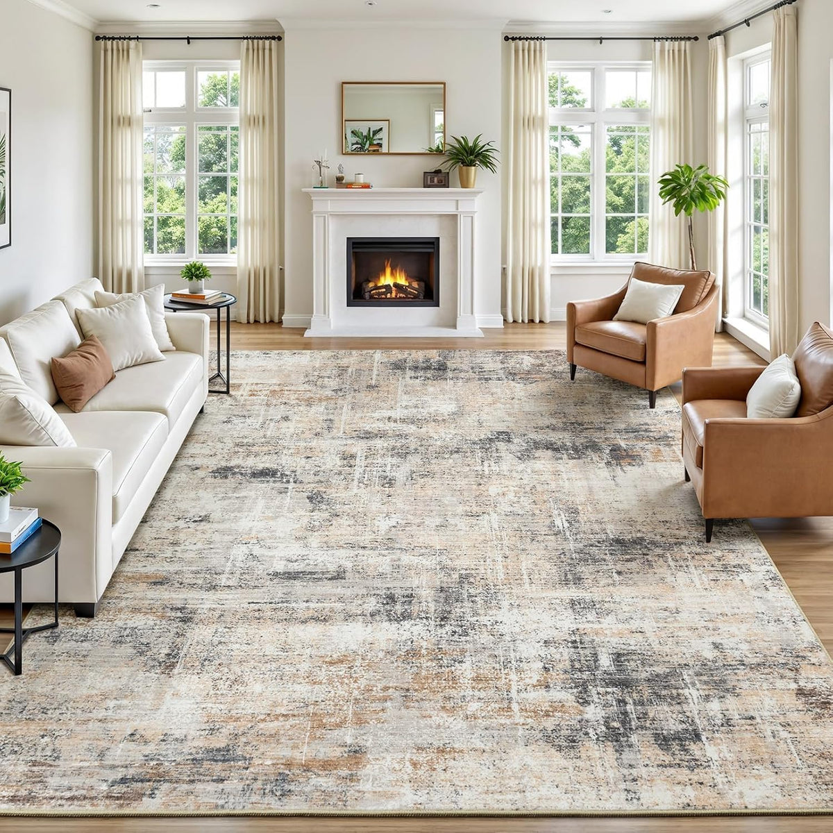 Large Abstract Area Rug in Gold, Washable with Non-Slip Backing