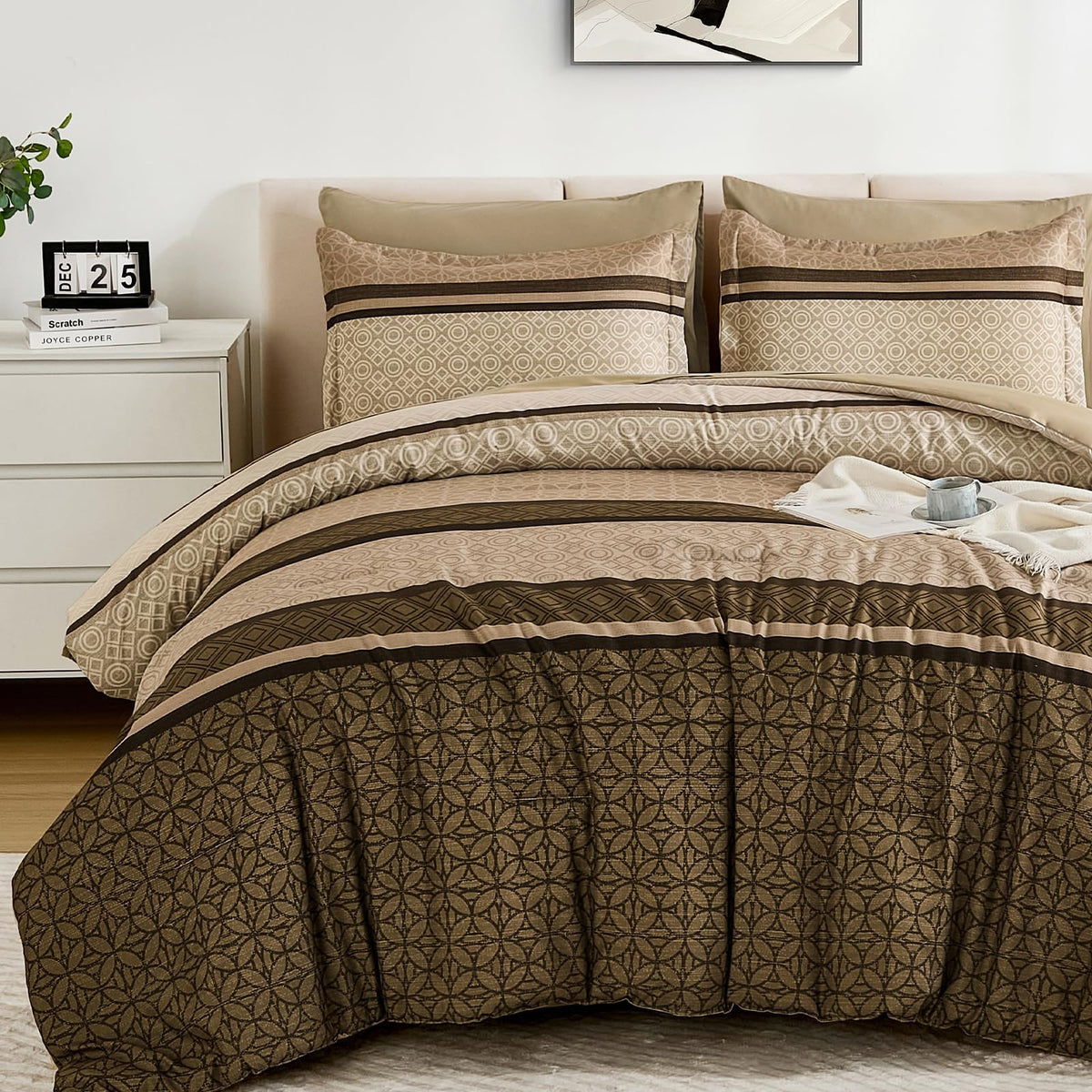 7 Pieces Comforter Set King Size, Brown Striped Fall Winter Bed in a Bag Comforter, Minimalist Geometric Bohemian