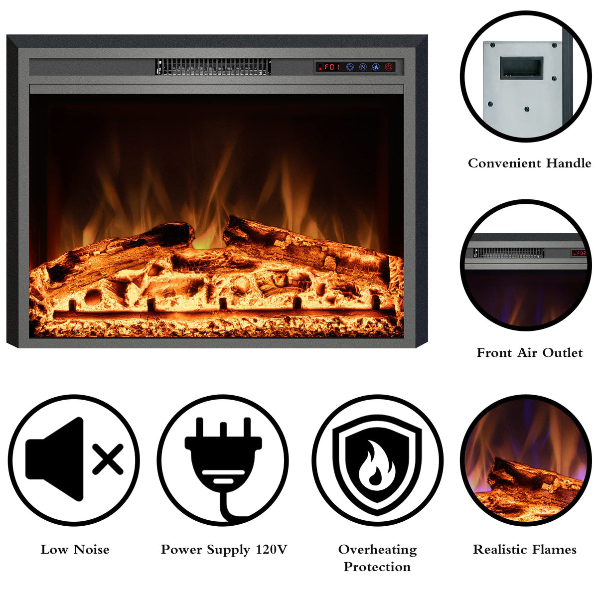 Electric Fireplace, 30" Electric Fireplace Inserts, Recessed Fireplace Heater with Remote Control, Adjustable Flame
