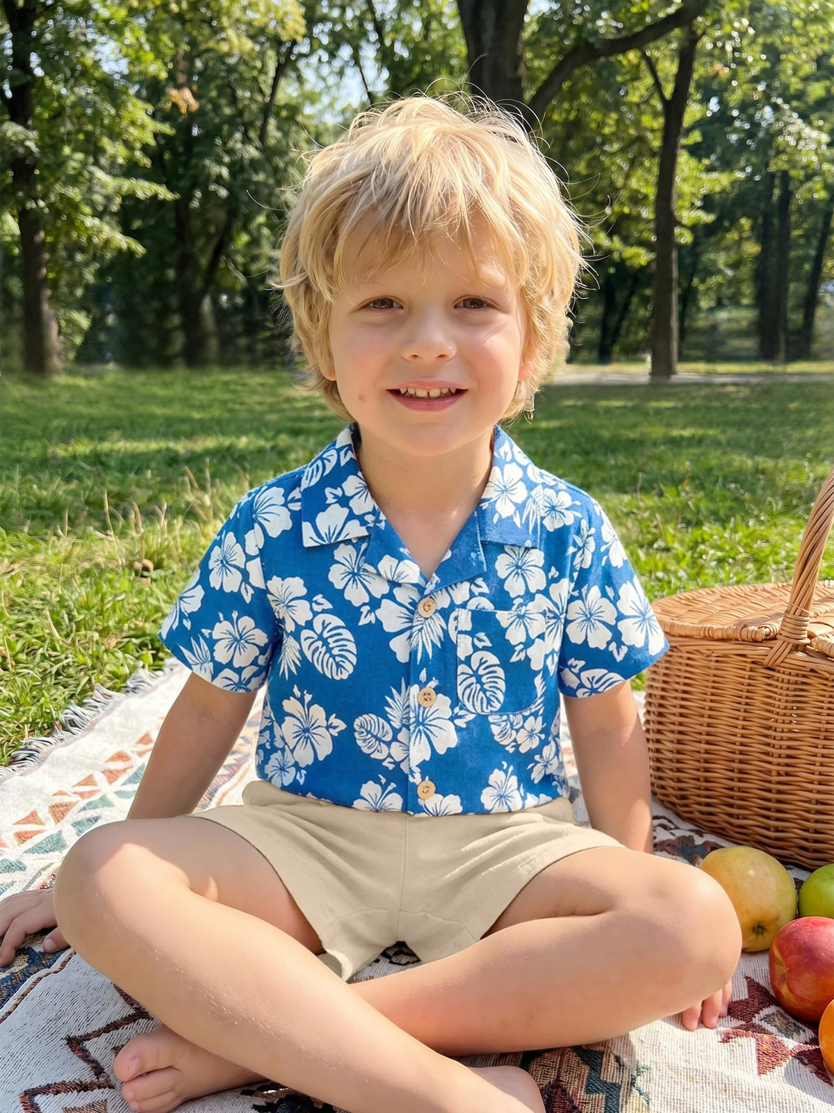 Todller Baby Boy Summer Clothes Color Block Short Sleeve Button Down Shirt Floral Tops Cotton Pants Outfit Set Blue