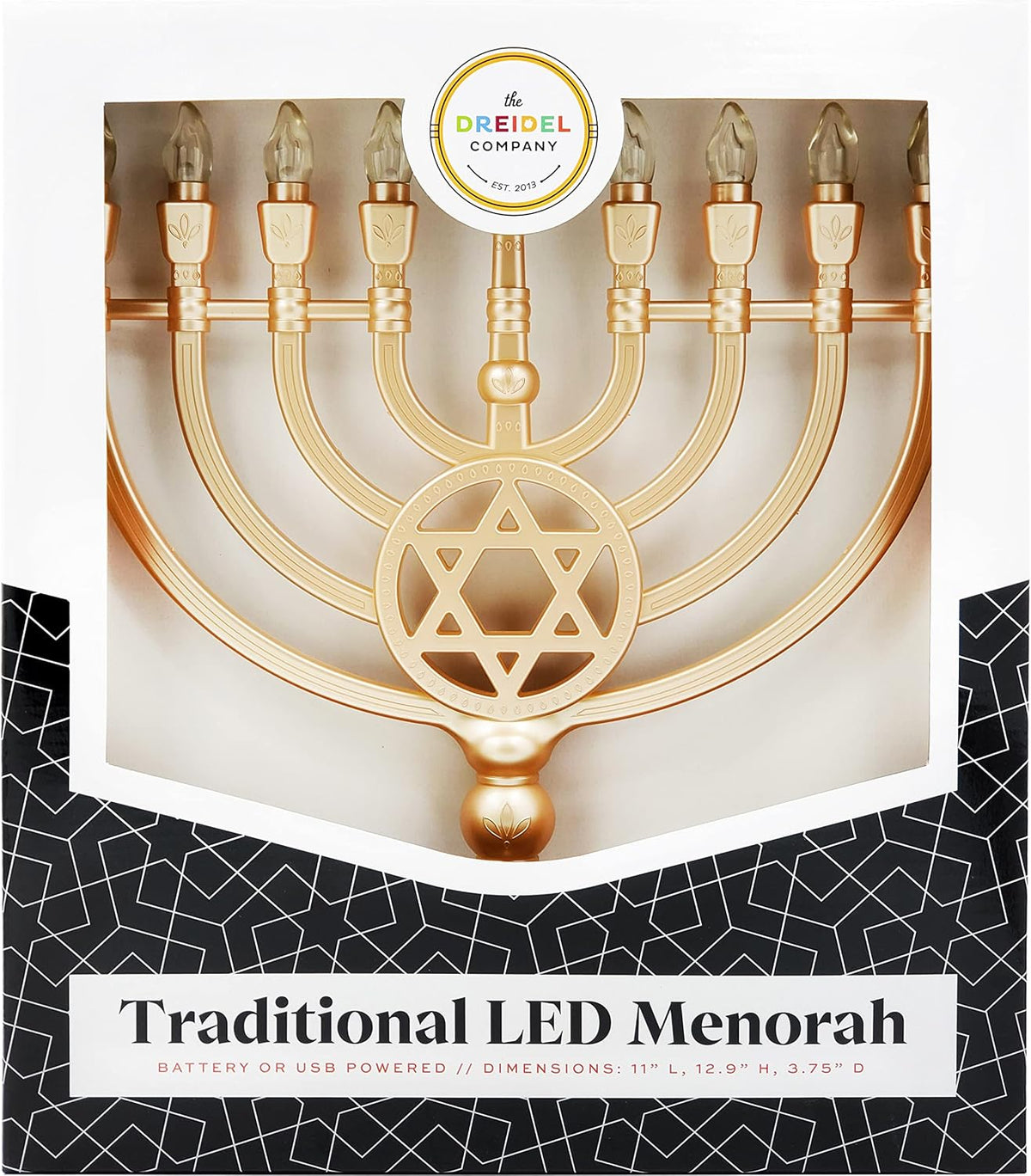 Traditional LED Electric Gold Hanukkah - Large Size 13-Inches Tall Battery or USB Powered - Includes a Micro USB