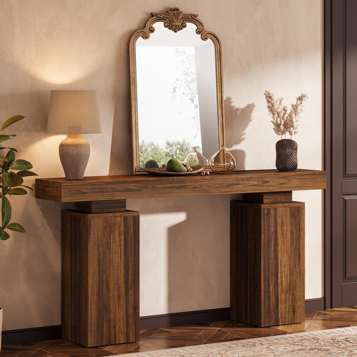 63-in Long Console Table, Farmhouse Entryway Table(Rustic Brown)