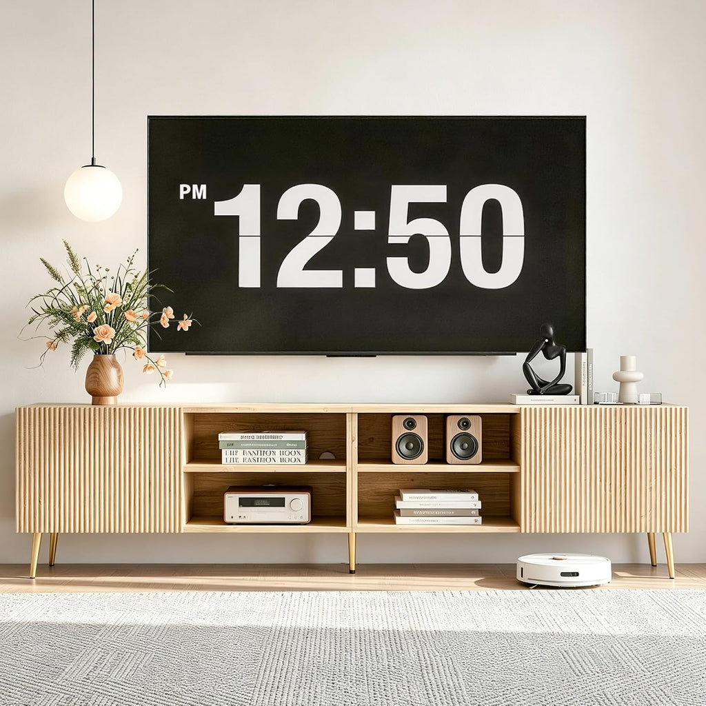 Modern 86" Wood TV Stand for Living Room, Fluted Design Entertainment Center with Adjustable Shelves for TVs Up to 80",Media TV Console with Storage for Bedroom, Natural