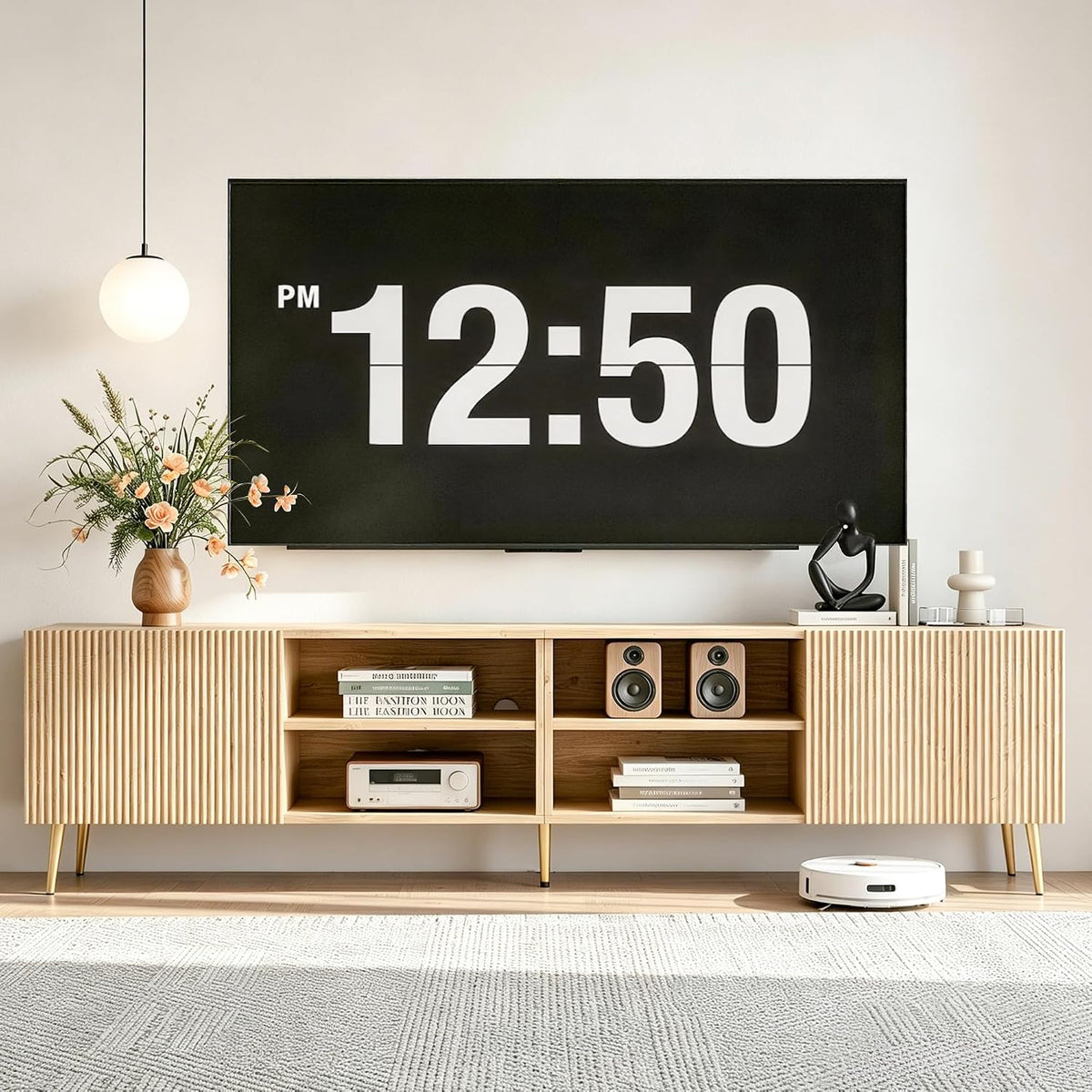 Modern 86" Wood TV Stand for Living Room, Fluted Design Entertainment Center with Adjustable Shelves for TVs Up to 80",Media TV Console with Storage for Bedroom, Natural