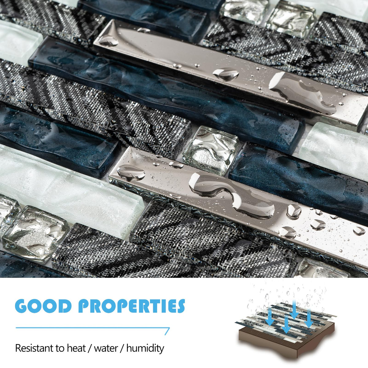 5-Sheet Blue Glass & Metal Mosaic Backsplash Tile - 11.8x11.7 Mixed White Crystal Glass Subway Tiles, Professional
