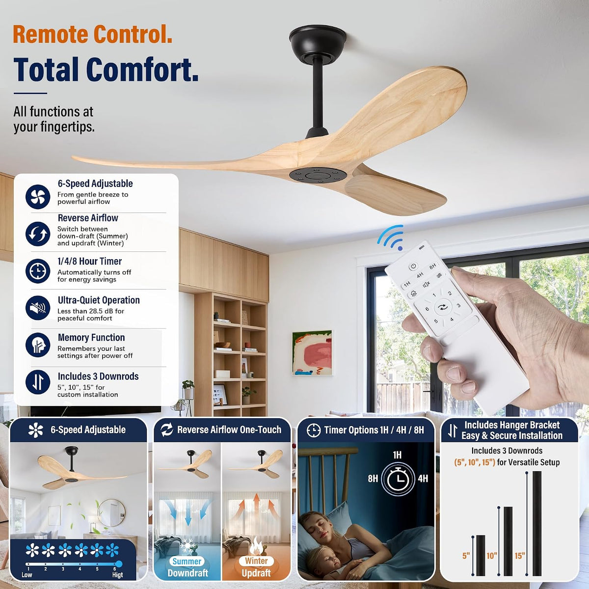 Inspired Maverick Style 52" Ceiling Fan No Light, 3 Solid Wood Blades, Matte Black Motor, Quiet Reversible DC Motor with Remote Control