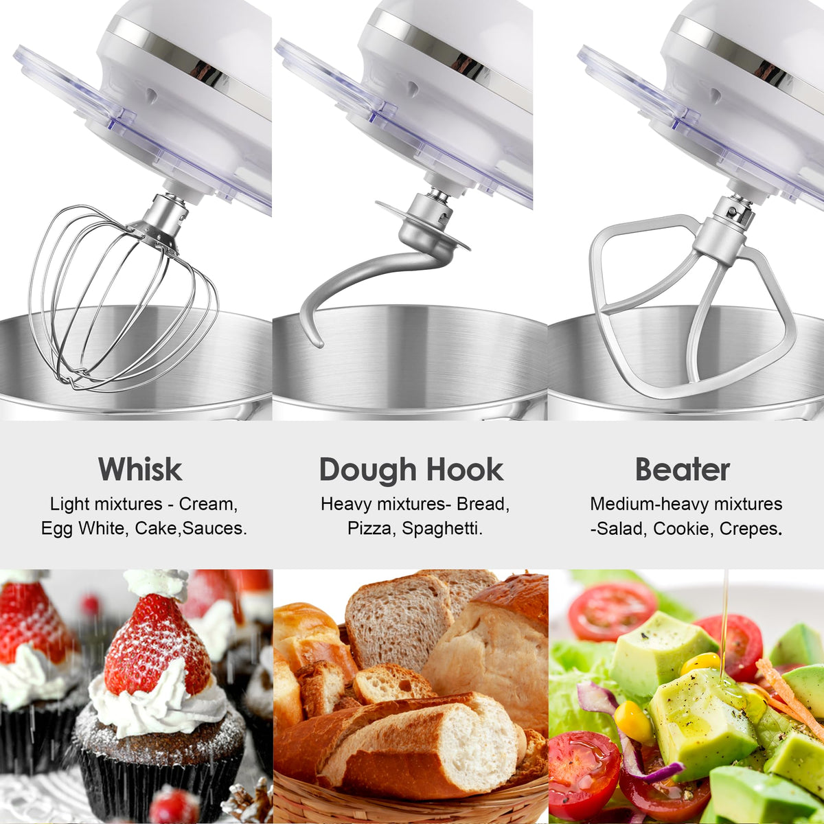 Stand Mixer,6.5-QT 660W 6-Speed Tilt-Head Food Mixer, Kitchen Electric Mixer with Dough Hook, Wire Whip & Beater