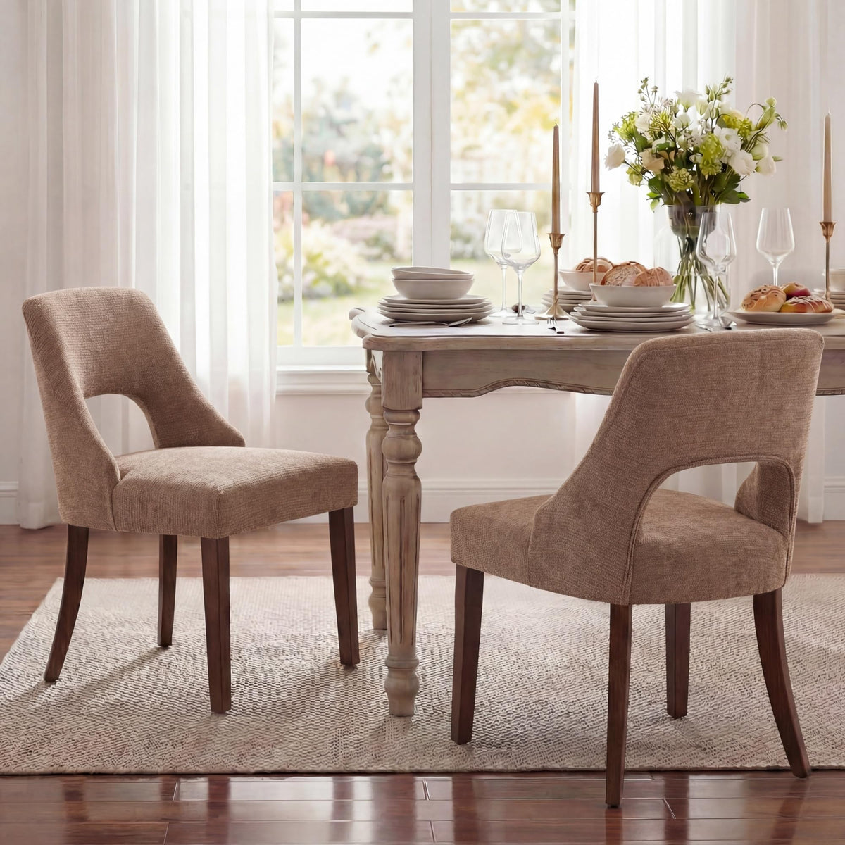 Wooden Dining Chairs Set of 2, Mid Century Modern Upholstered Dining Room Chair Kitchen Chairs, Chenille Dinner Chair