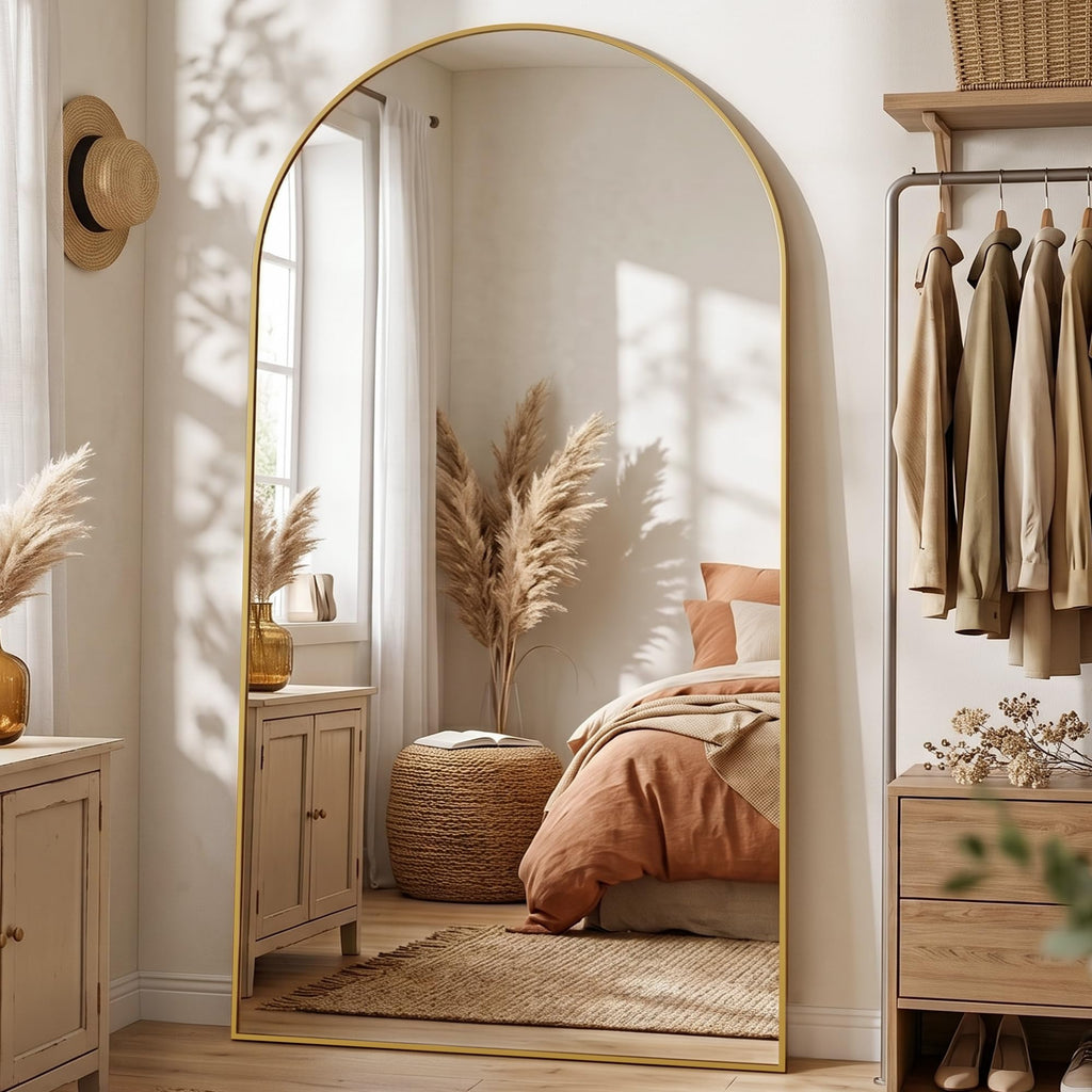 88"x44" Arched Full Length Mirror, Large Floor Mirror, Gold