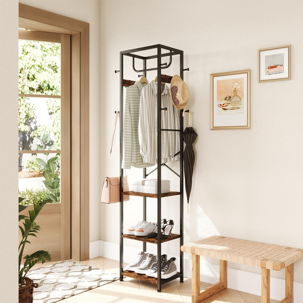 Coat Rack Freestanding, Hall Tree with 3 Shelves and 12 Hooks, Rustic Brown