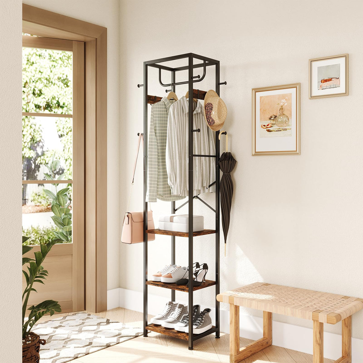 Coat Rack Freestanding, Hall Tree with 3 Shelves and 12 Hooks, Rustic Brown