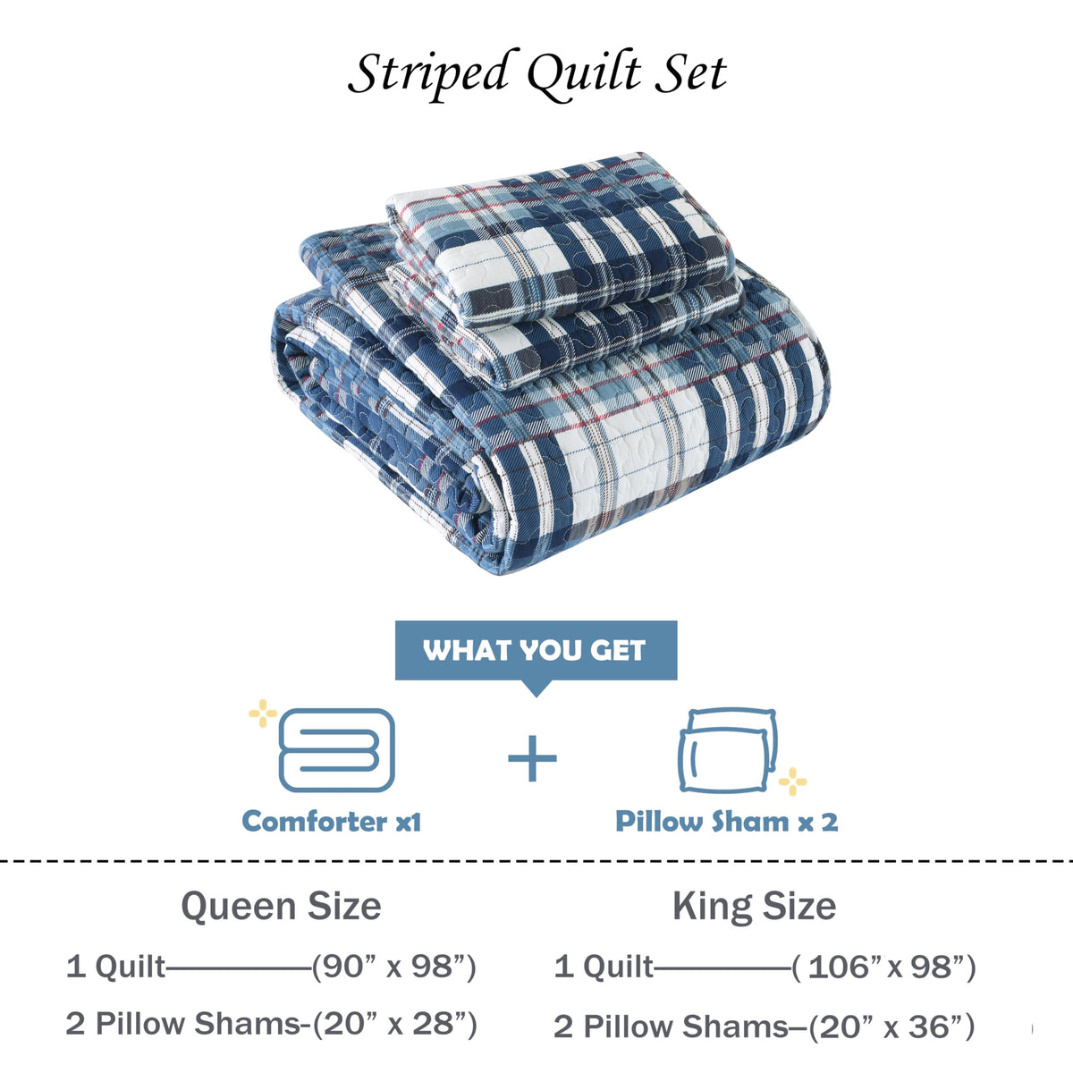 100% Cotton Blue White Red Plaid Quilt, Gingham Comforter