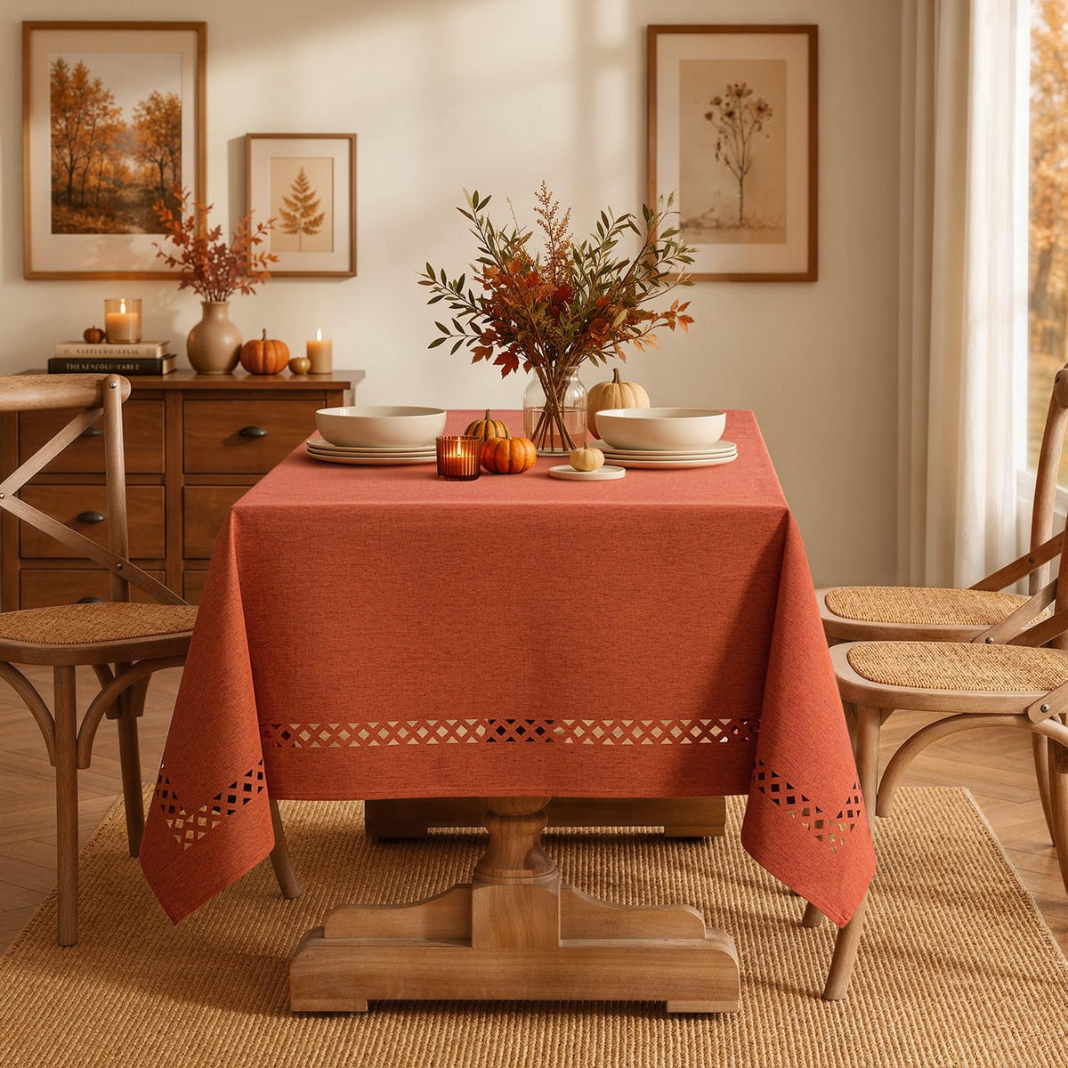 Burnt Orange Fall Rectangle Tablecloth with Cutouts 52x70 Inch