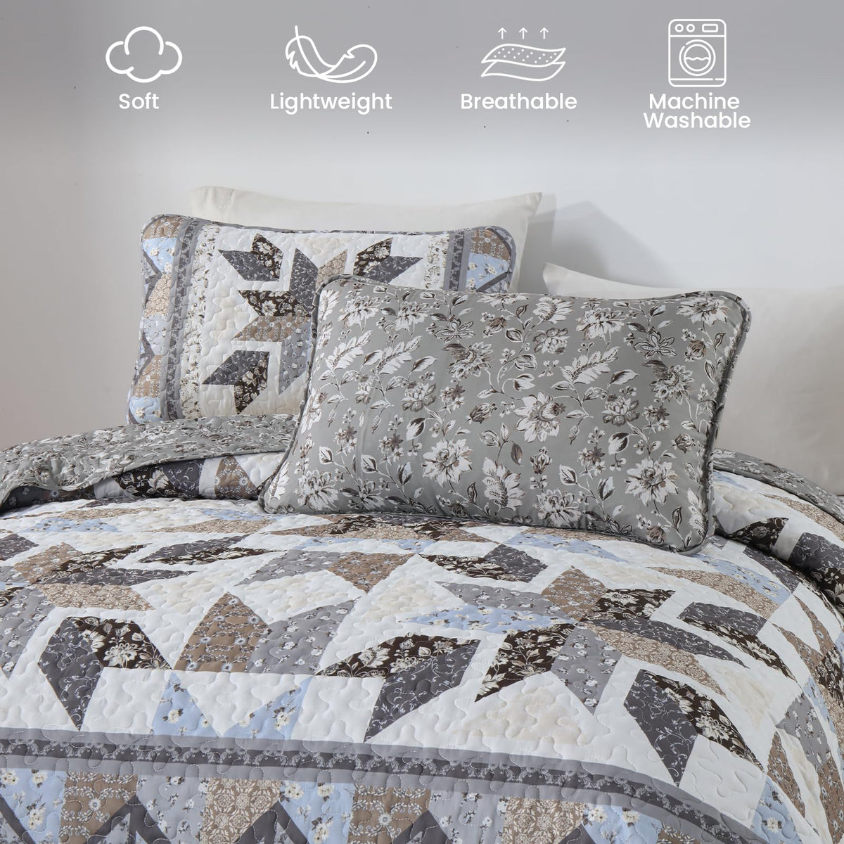 Patchwork Quilts, Reversible Grey Floral Quilt Bedding Set