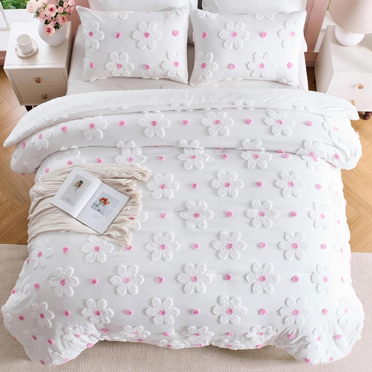 Comforter Set for Girls Pink Tufted Daisies Flowers Bedding Set